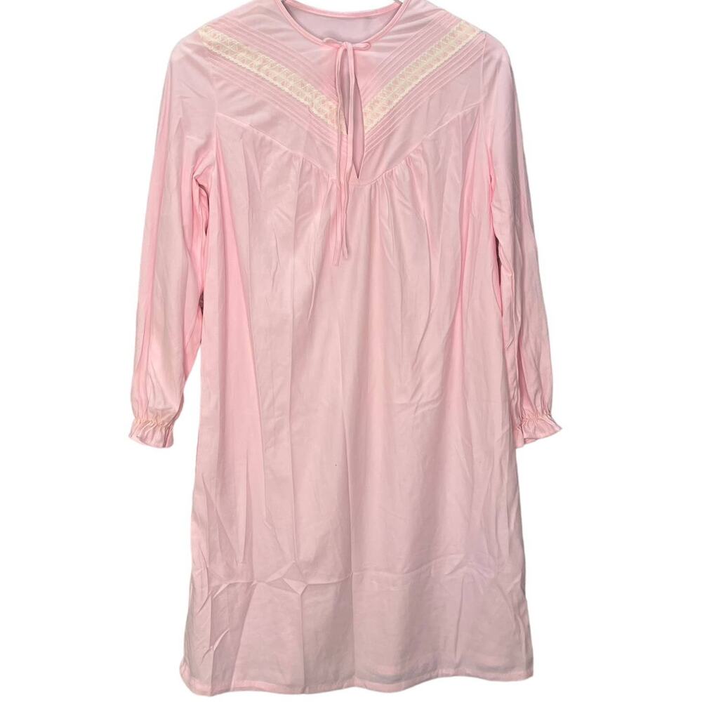 Vintage JCPenney Nylon Fleece Short Nightgown Pink Lace Long Sleeve Size M 70s